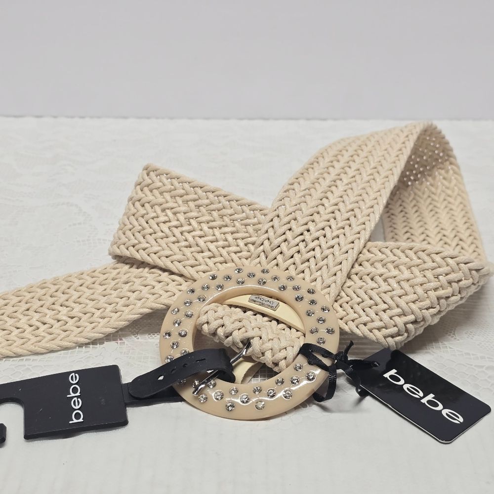Y2K BEBE Cream Woven Wide Boho Belt Rhinestones Buckle Size XL NWT
